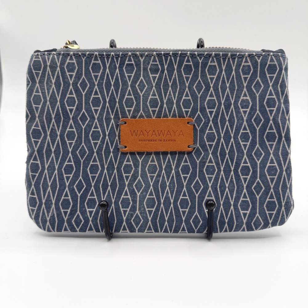 Wayawaya Handmade in Zambia Canvas Suede Pouch Wristlet Navy Blue Geometric 7.5"